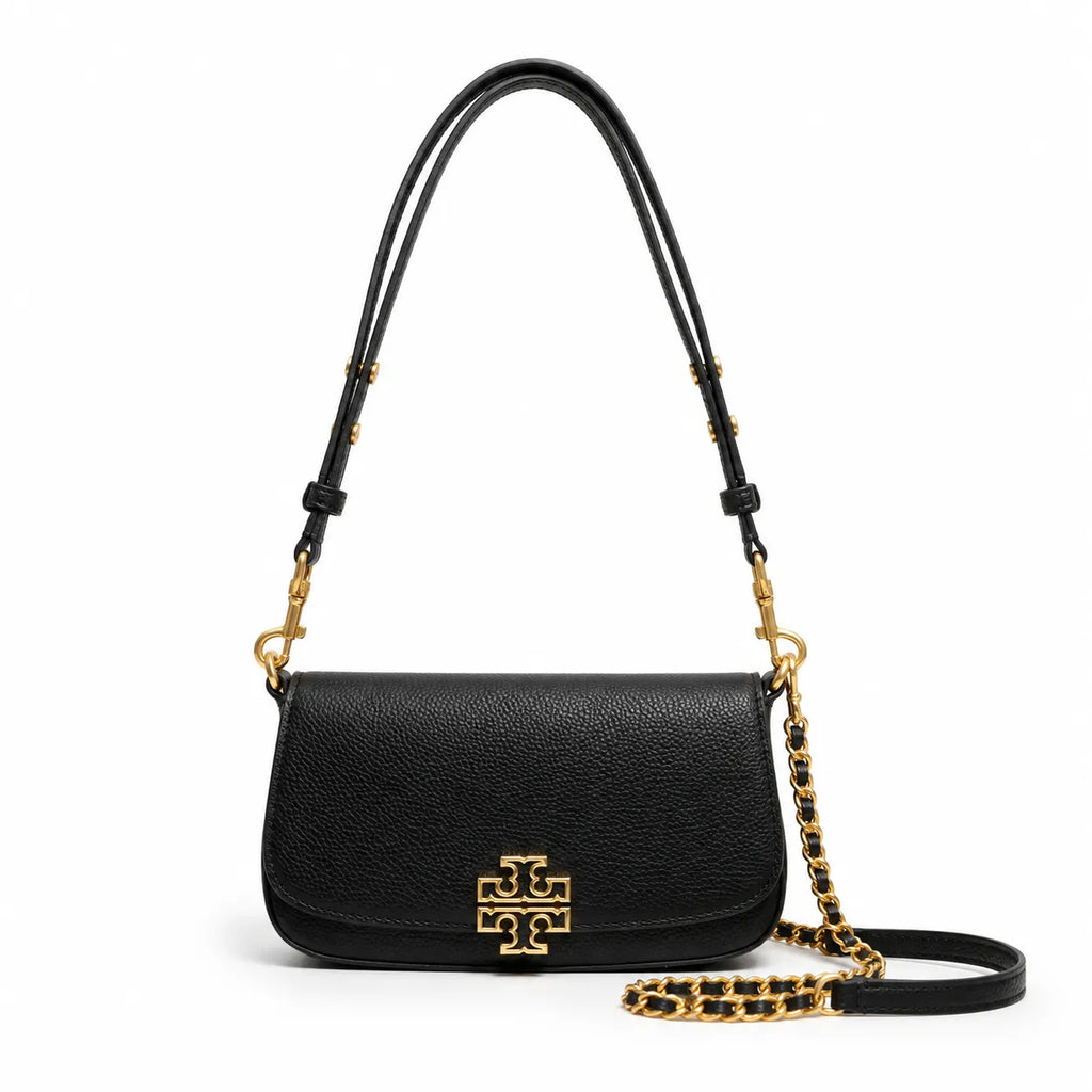 Tory Burch Britten | Black pebbled leather detachable chain and leather shoulder strap multiple carrying options  women's designer handbag
