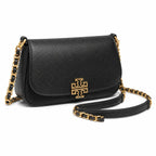 Tory Burch Britten | Black pebbled leather detachable chain and leather shoulder strap multiple carrying options  women's designer handbag