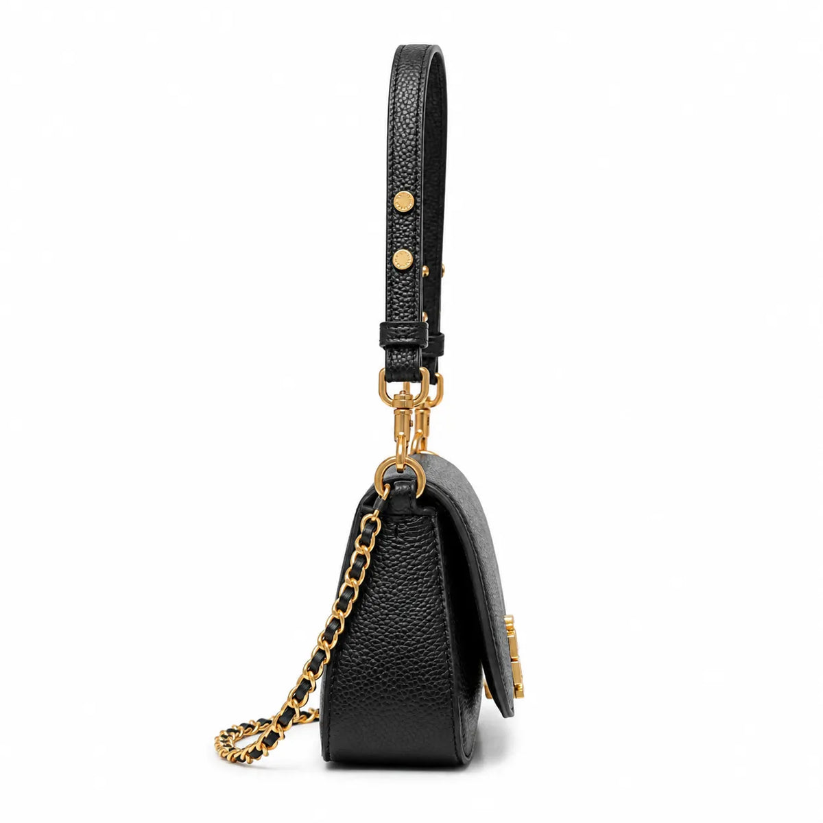 Tory Burch Britten | Black pebbled leather detachable chain and leather shoulder strap multiple carrying options  women's designer handbag