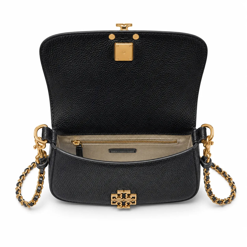 Tory Burch Britten | Black pebbled leather detachable chain and leather shoulder strap multiple carrying options  women's designer handbag