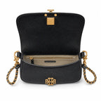 Tory Burch Britten | Black pebbled leather detachable chain and leather shoulder strap multiple carrying options  women's designer handbag