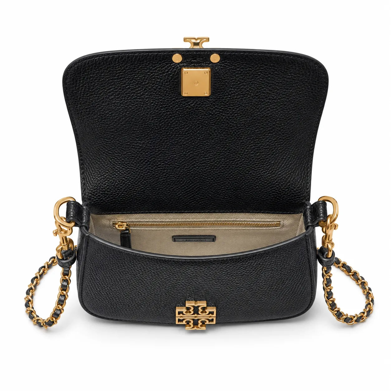 Tory Burch Britten | Black pebbled leather detachable chain and leather shoulder strap multiple carrying options  women's designer handbag