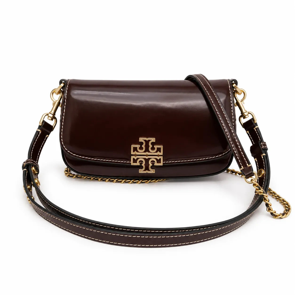 Tory Burch Britten | Tempranillo patent leather  detachable chain and leather shoulder strap multiple carrying options women's designer handbag