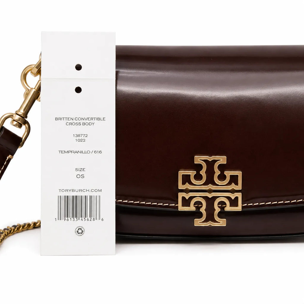 Tory Burch Britten | Tempranillo patent leather  detachable chain and leather shoulder strap multiple carrying options women's designer handbag