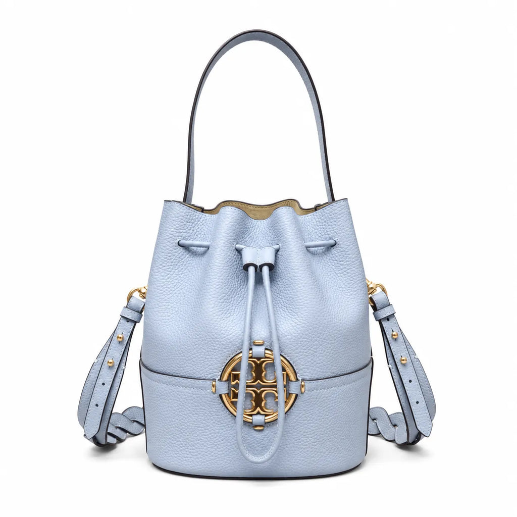 Tory Burch Miller | Light blue pebbled leather woven shoulder strap  drawstring closure women's designer handbag