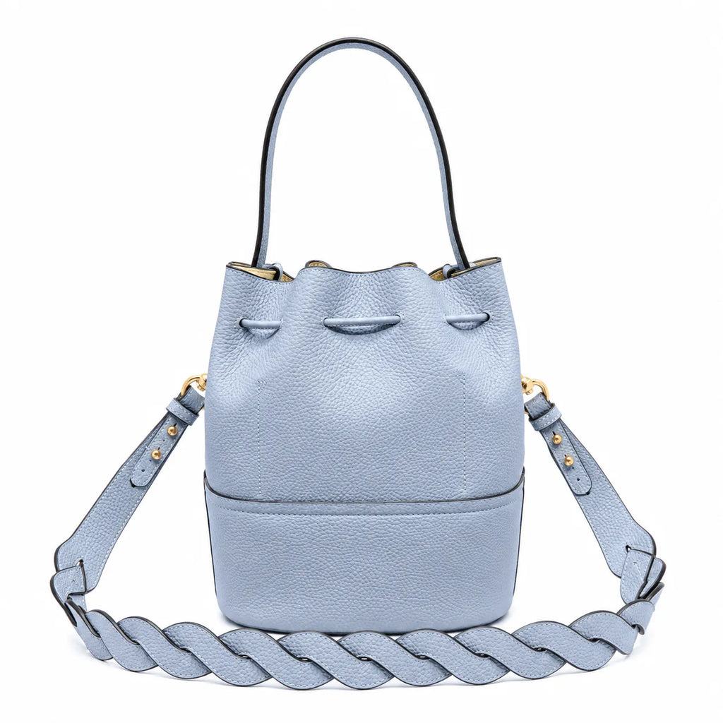 Tory Burch Miller | Light blue pebbled leather woven shoulder strap  drawstring closure women's designer handbag