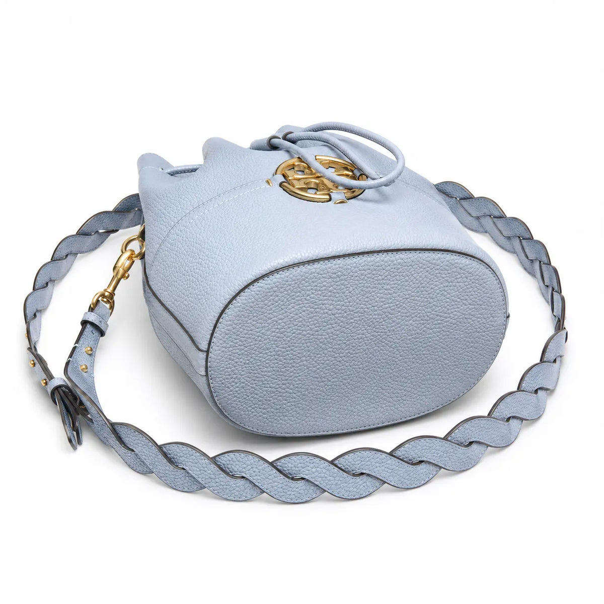 Tory Burch Miller | Light blue pebbled leather woven shoulder strap  drawstring closure women's designer handbag
