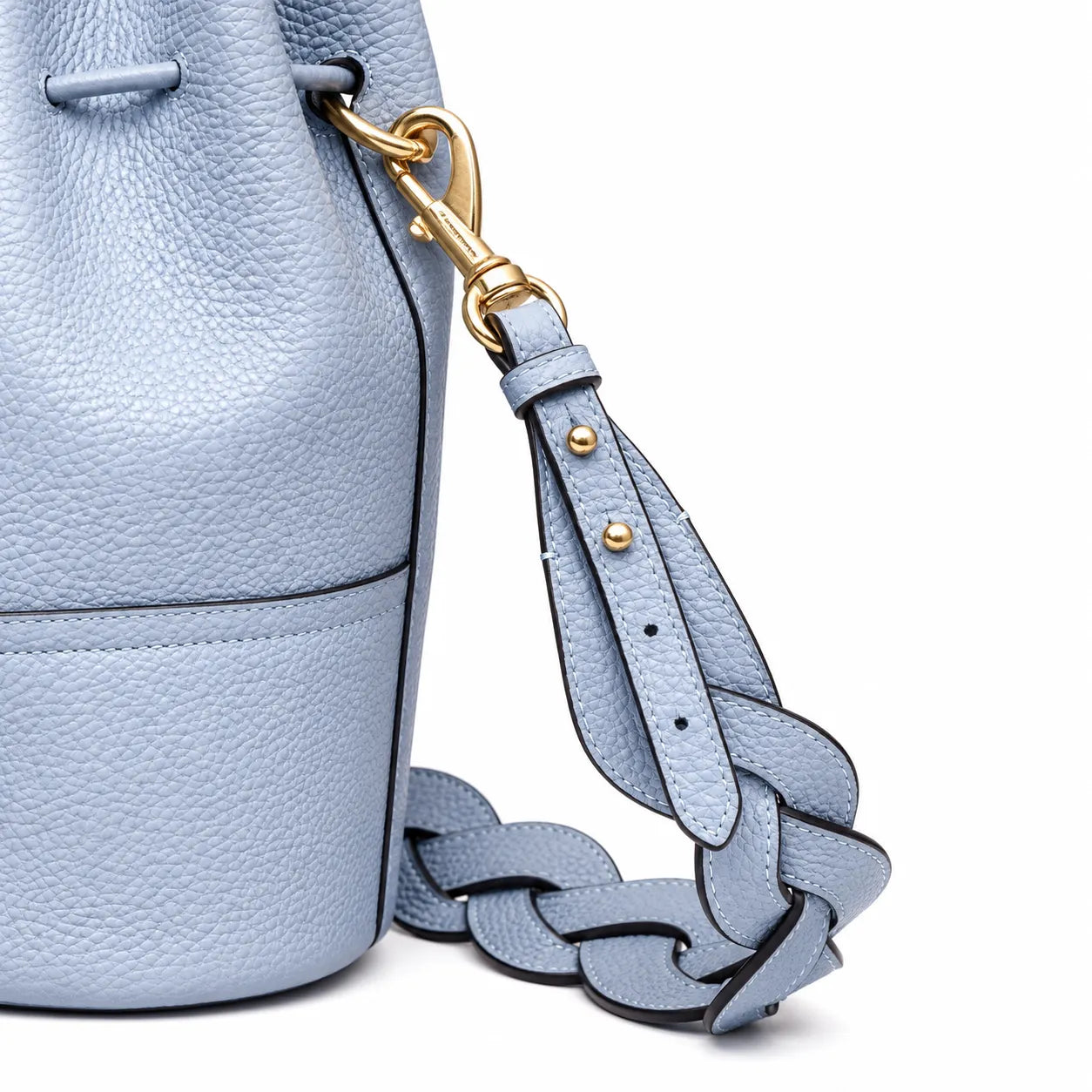 Tory Burch Miller | Light blue pebbled leather woven shoulder strap  drawstring closure women's designer handbag