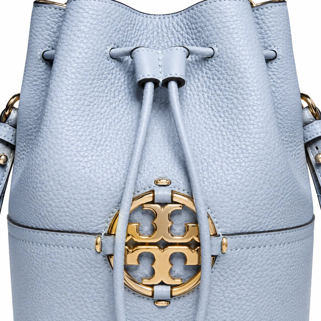 Tory Burch Miller | Light blue pebbled leather woven shoulder strap  drawstring closure women's designer handbag