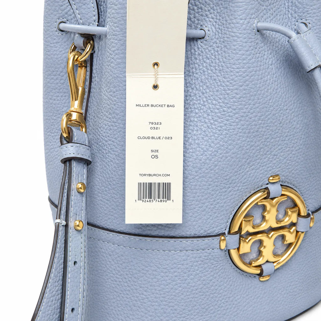 Tory Burch Miller | Light blue pebbled leather woven shoulder strap  drawstring closure women's designer handbag