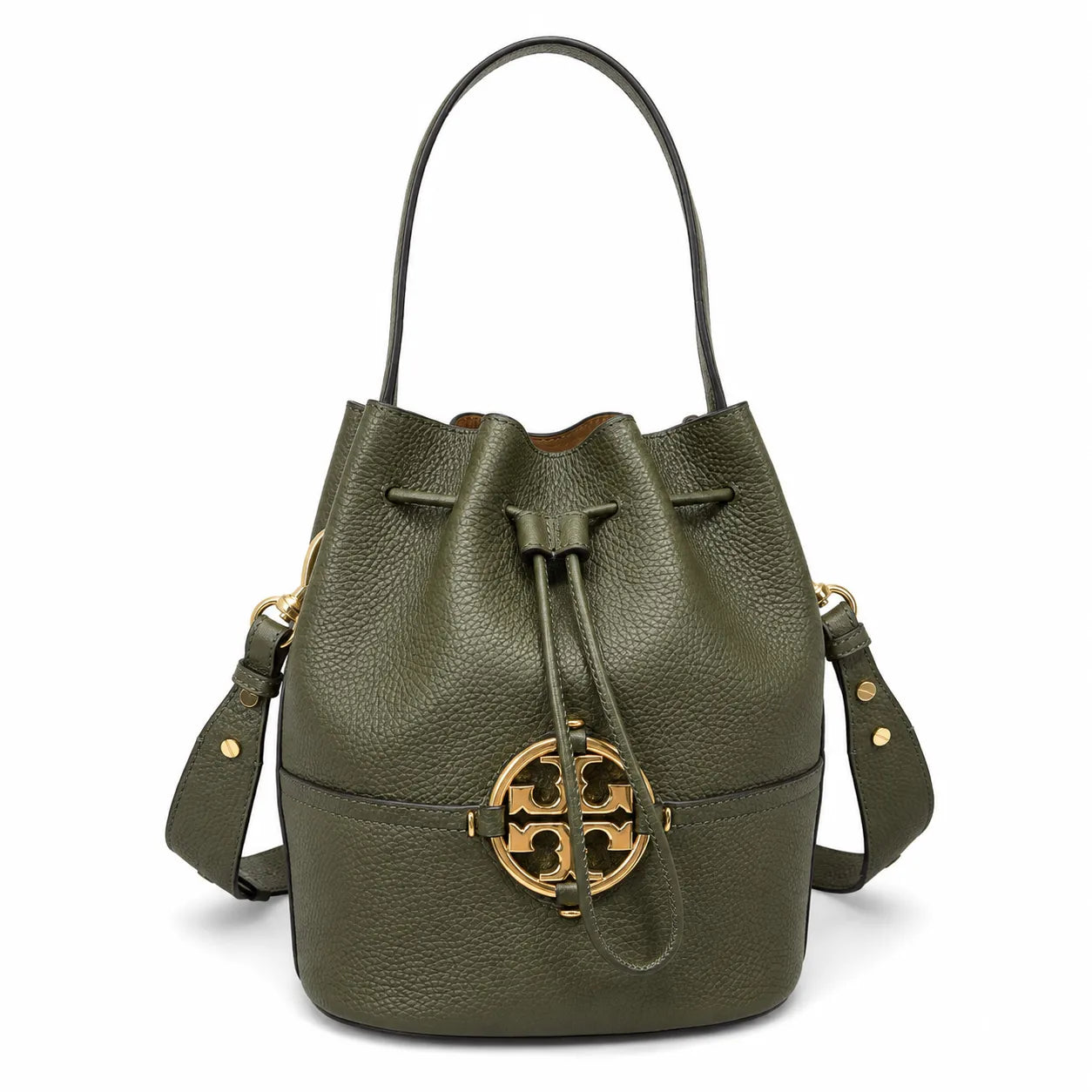 Tory Burch Miller | Black pebbled leather with a gold double-T logo  woven shoulder strap drawstring closure  women's designer