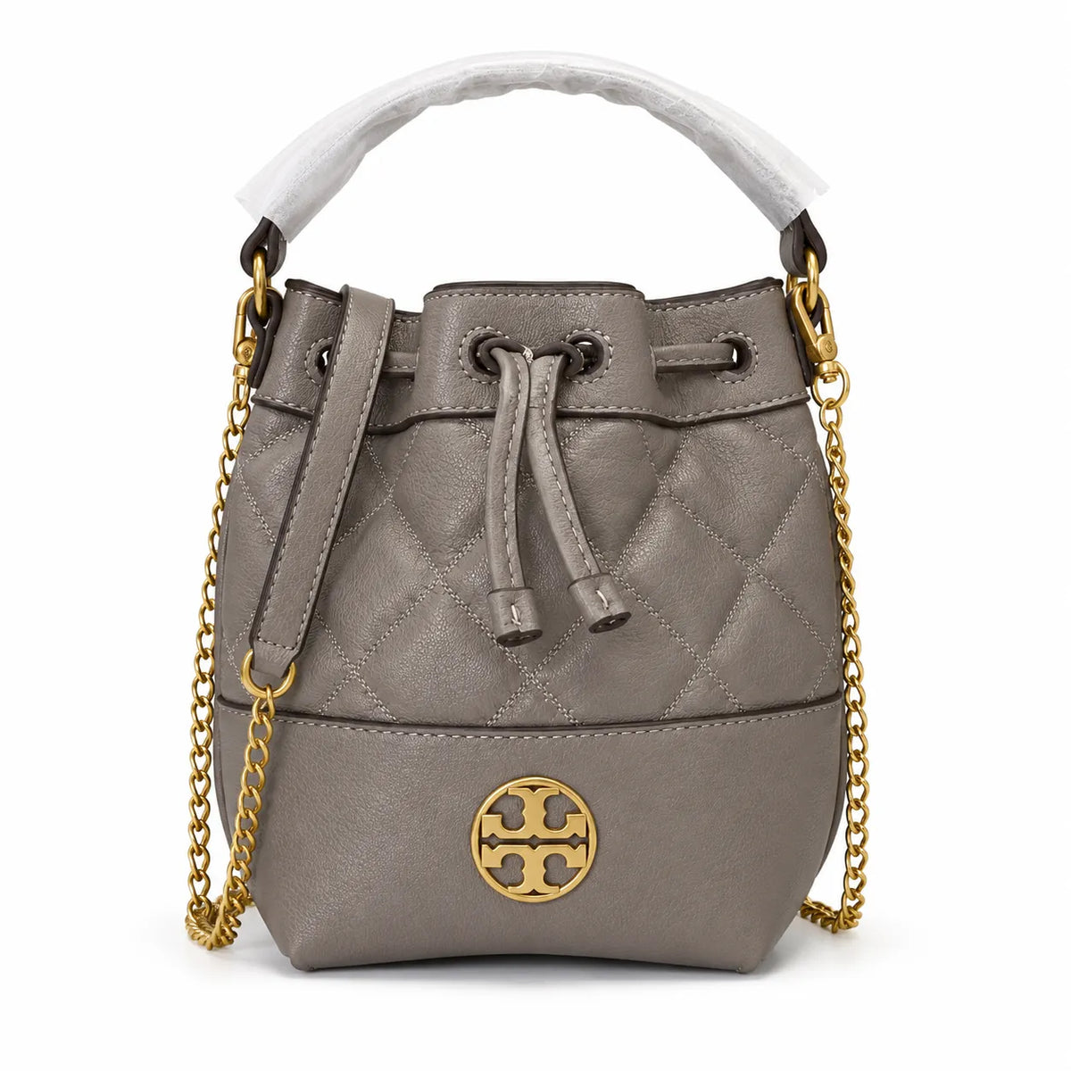 Tory Burch Miller | Light blue pebbled leather woven shoulder strap  drawstring closure women's designer handbag