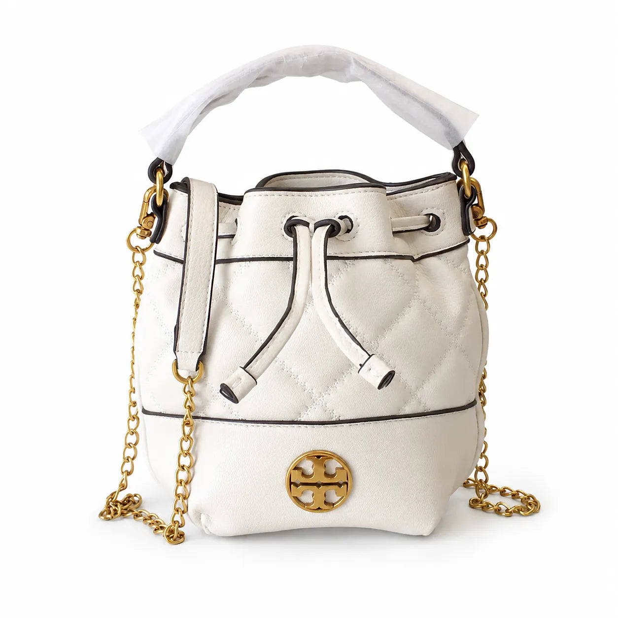 Tory Burch Willa | Grey-brown lambskin leatheradorned with a gold double-T logo detachable chain shoulder strap  drawstring closure  women's designer handbag