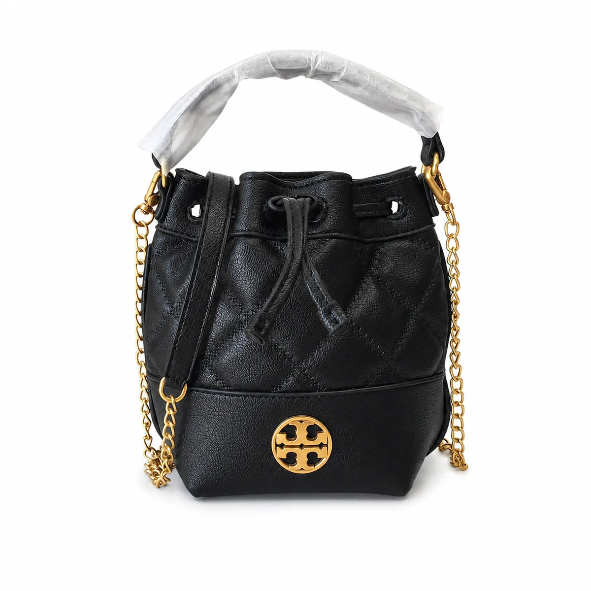 Tory Burch Willa | Burgundy lambskin leather adorned with a gold double-T logo detachable chain shoulder strap drawstring closure women's designer handbag