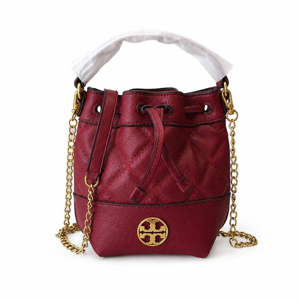 Tory Burch Willa | Burgundy lambskin leather adorned with a gold double-T logo detachable chain shoulder strap drawstring closure women's designer handbag