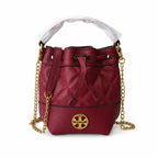 Tory Burch Willa | Burgundy lambskin leather adorned with a gold double-T logo detachable chain shoulder strap drawstring closure women's designer handbag