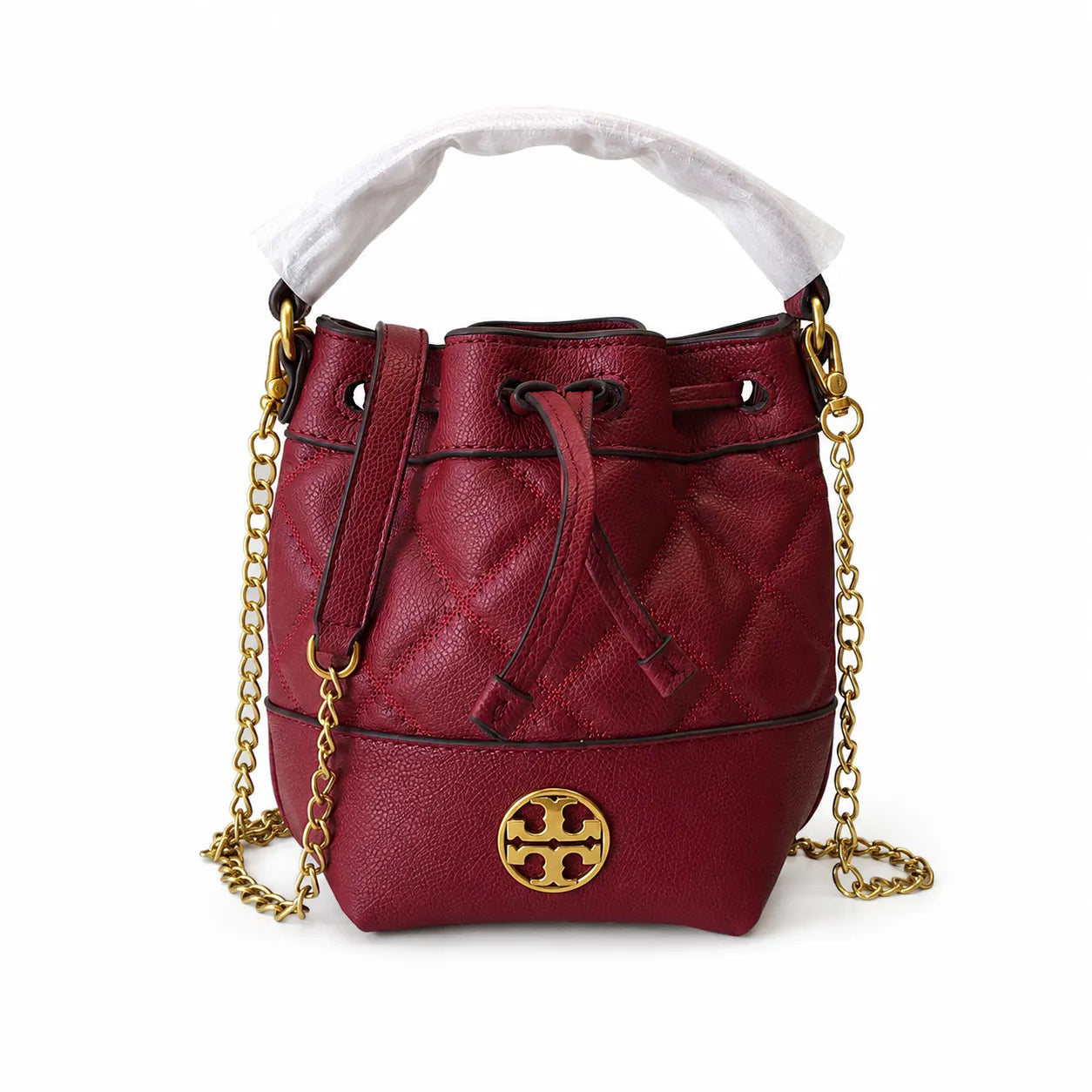 Tory Burch Willa | Burgundy lambskin leather adorned with a gold double-T logo detachable chain shoulder strap drawstring closure women's designer handbag