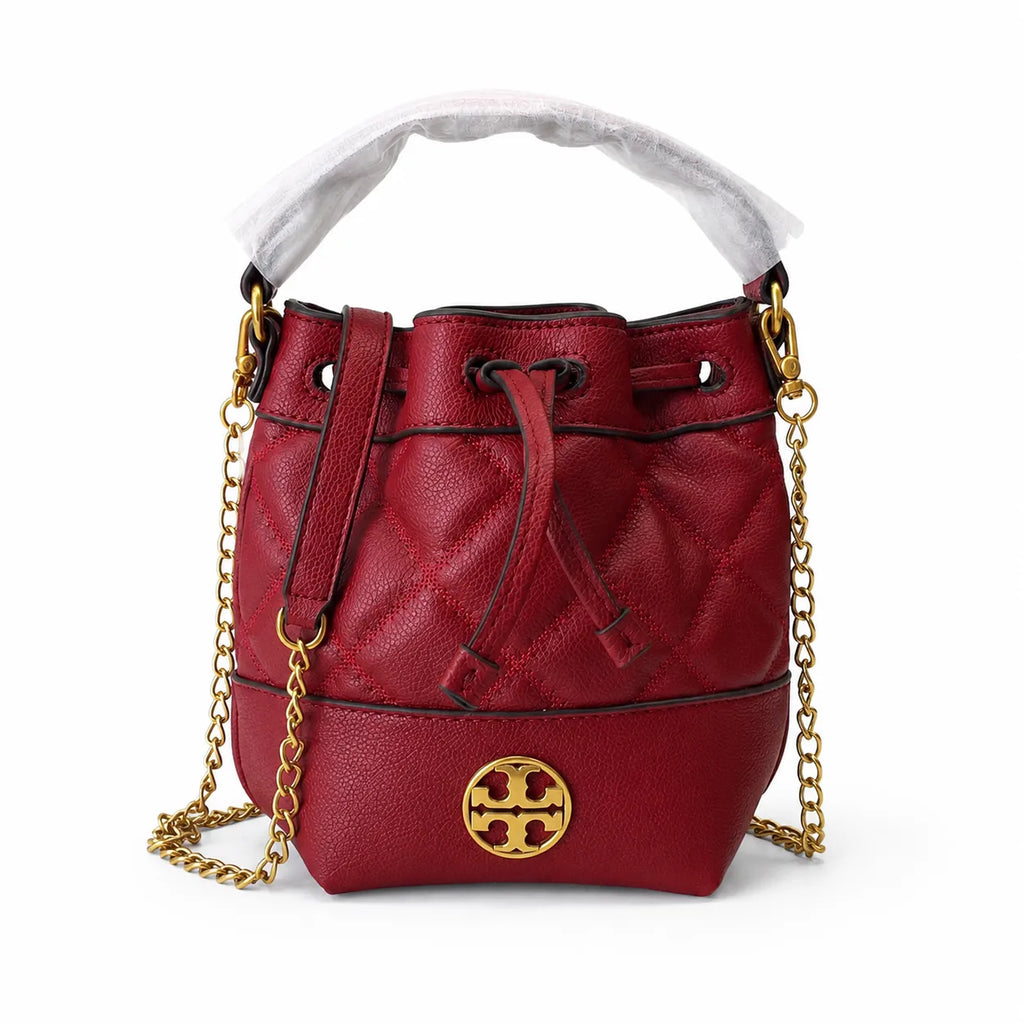Tory Burch Willa | Burgundy lambskin leather adorned with a gold double-T logo detachable chain shoulder strap drawstring closure women's designer handbag
