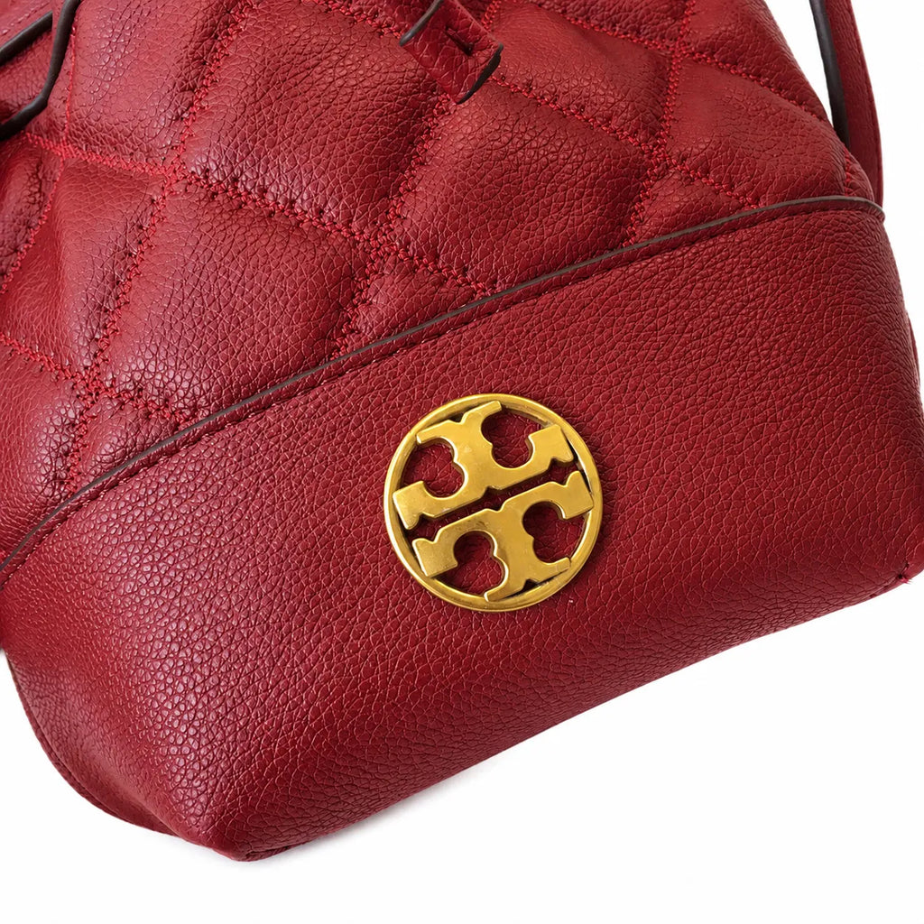 Tory Burch Willa | Burgundy lambskin leather adorned with a gold double-T logo detachable chain shoulder strap drawstring closure women's designer handbag