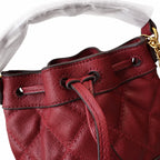 Tory Burch Willa | Burgundy lambskin leather adorned with a gold double-T logo detachable chain shoulder strap drawstring closure women's designer handbag