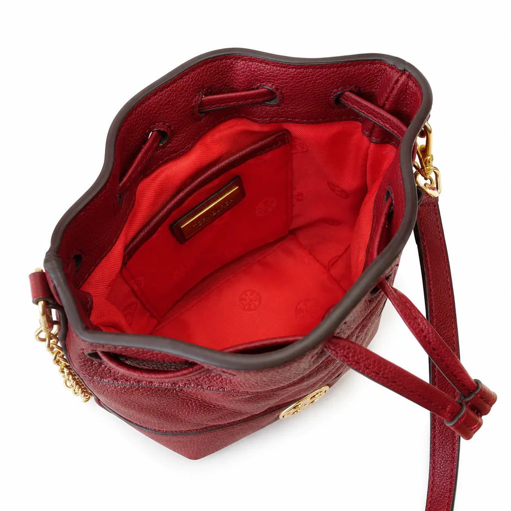 Tory Burch Willa | Burgundy lambskin leather adorned with a gold double-T logo detachable chain shoulder strap drawstring closure women's designer handbag