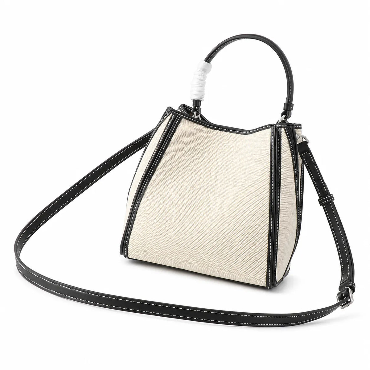 Tory Burch McGraw | Women's designer handbag in off-white canvas with black leather trim detachable handle and adjustable shoulder strap