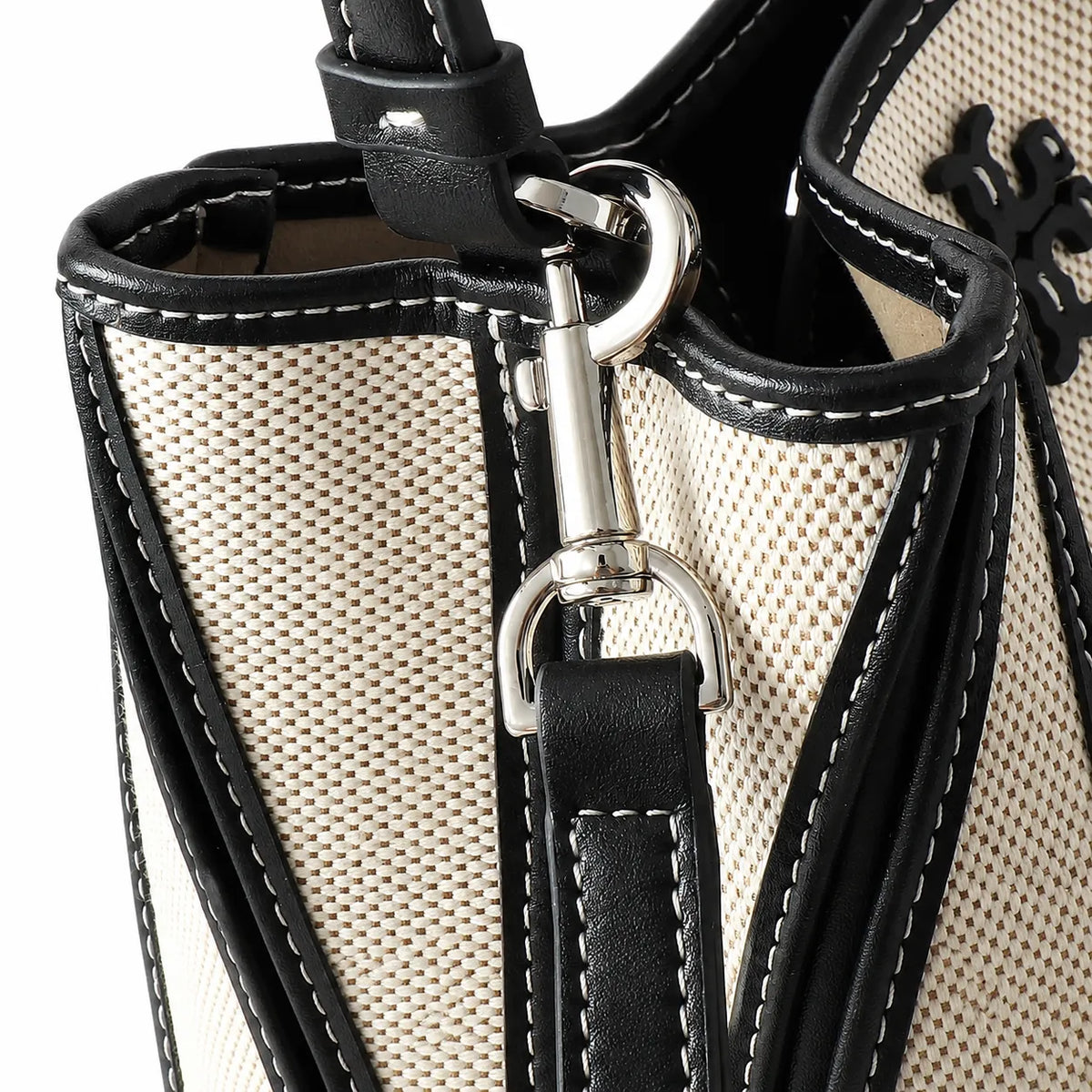 Tory Burch McGraw | Women's designer handbag in off-white canvas with black leather trim detachable handle and adjustable shoulder strap