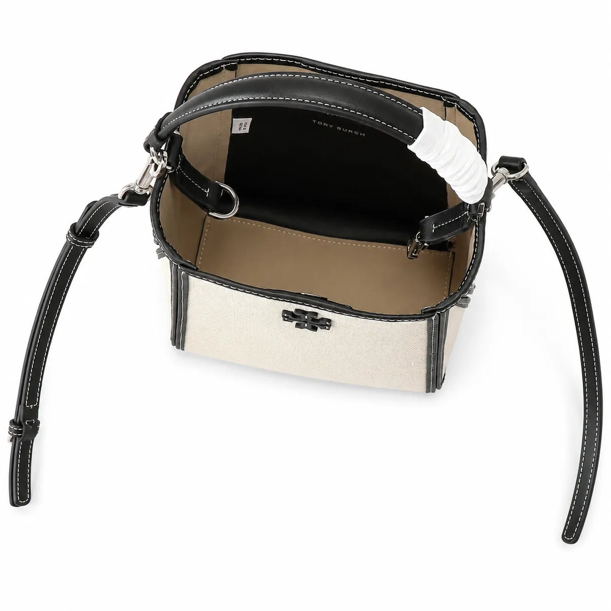 Tory Burch McGraw | Women's designer handbag in off-white canvas with black leather trim detachable handle and adjustable shoulder strap