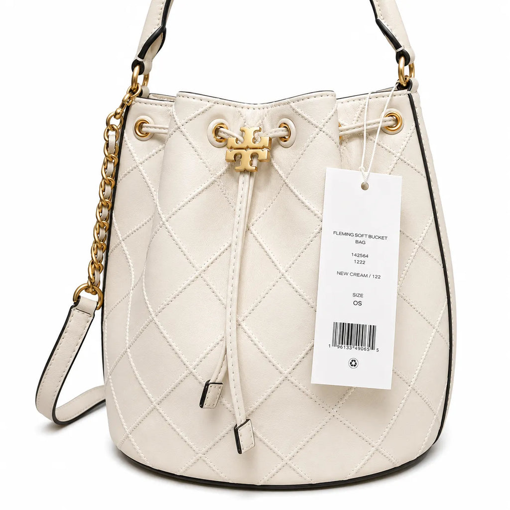 Tory Burch Fleming | Off-white lambskin quilted design drawstring closure detachable chain shoulder strap  women's designer handbag