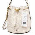 Tory Burch Fleming | Off-white lambskin quilted design drawstring closure detachable chain shoulder strap  women's designer handbag