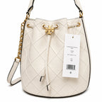 Tory Burch Fleming | Off-white lambskin quilted design drawstring closure detachable chain shoulder strap  women's designer handbag
