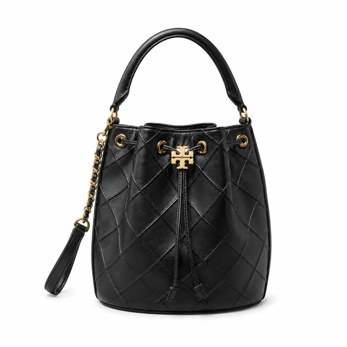 Tory Burch Fleming | Off-white lambskin quilted design drawstring closure detachable chain shoulder strap  women's designer handbag