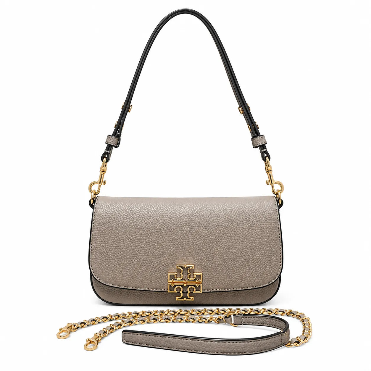 Tory Burch Britten | Black pebbled leather detachable chain and leather shoulder strap multiple carrying options  women's designer handbag