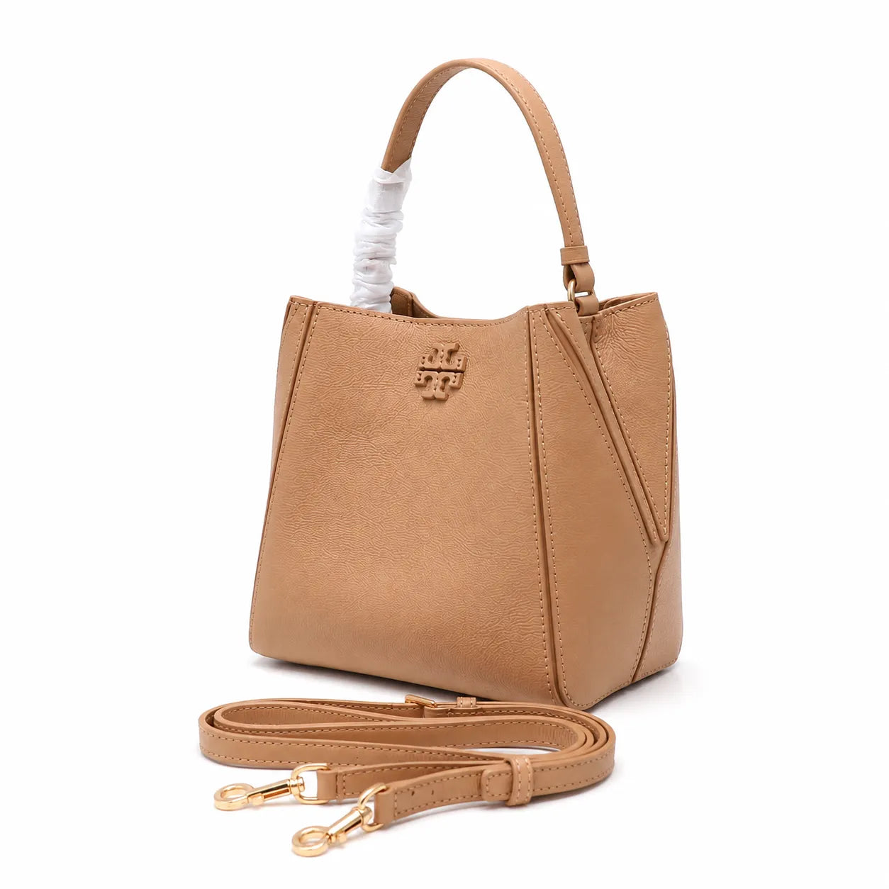 Tory Burch McGraw | Tiramisu pebbled leather handbag with detachable shoulder strap and top handle offering multiple carrying options Designer women's handbag