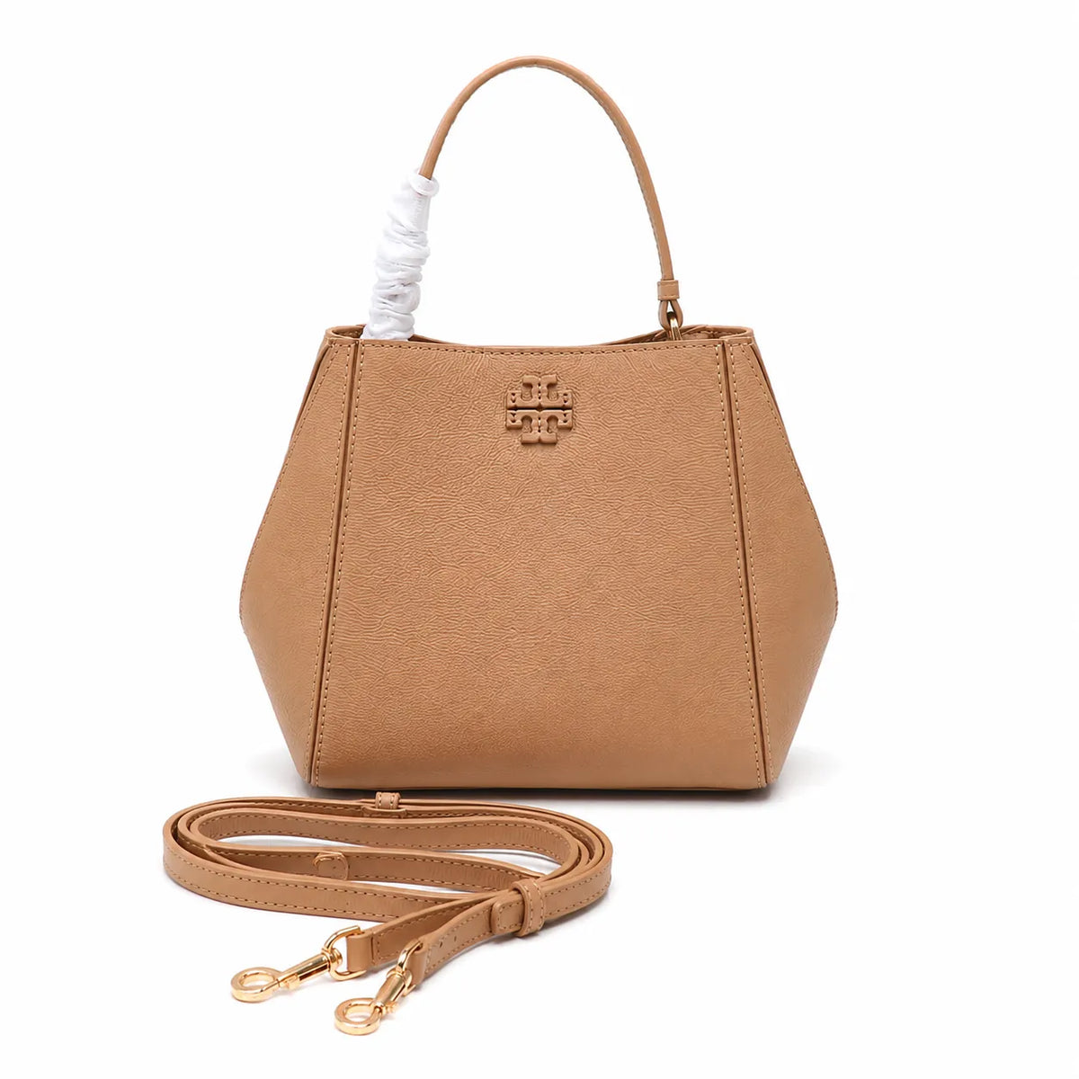 Tory Burch McGraw | Tiramisu pebbled leather handbag with detachable shoulder strap and top handle offering multiple carrying options Designer women's handbag