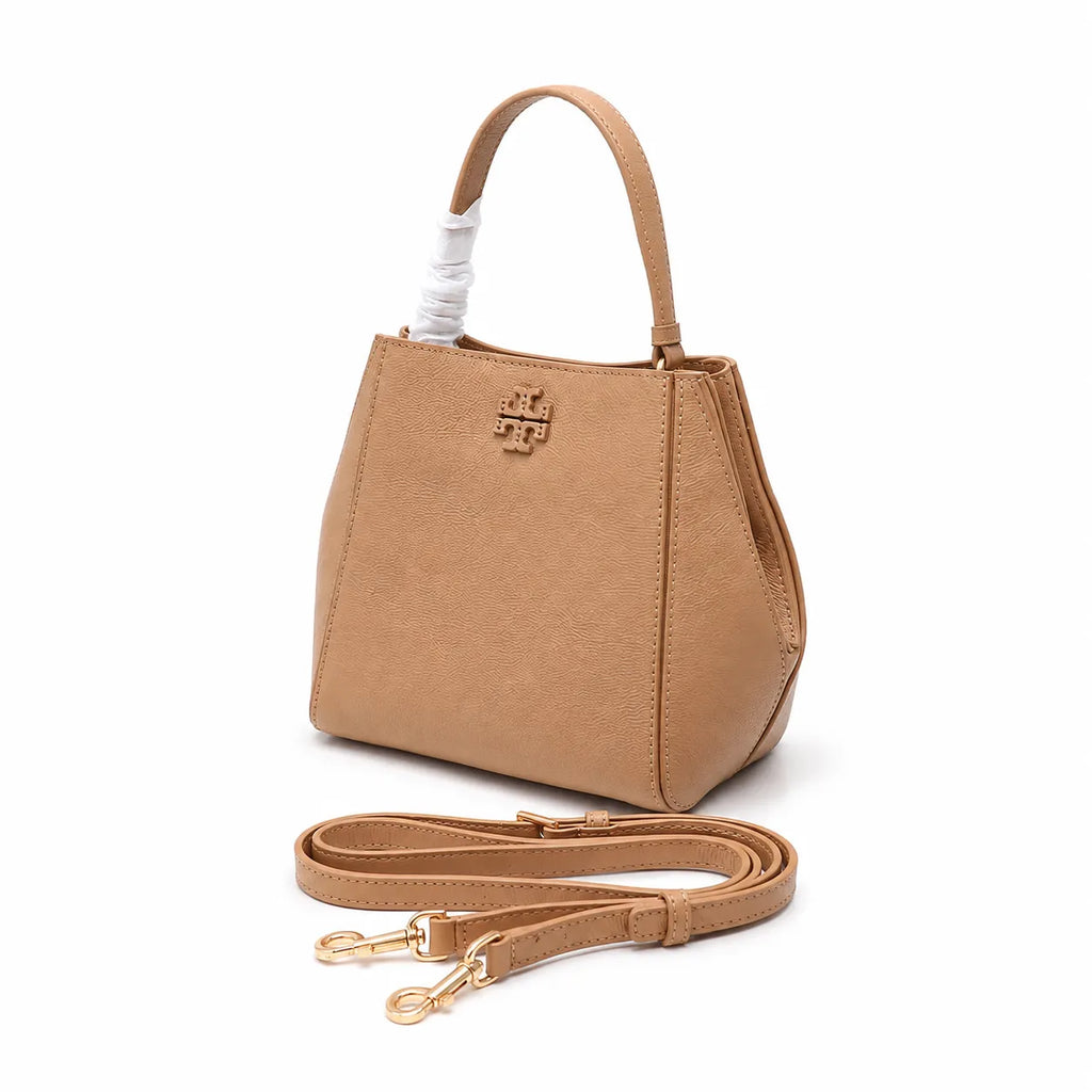 Tory Burch McGraw | Tiramisu pebbled leather handbag with detachable shoulder strap and top handle offering multiple carrying options Designer women's handbag