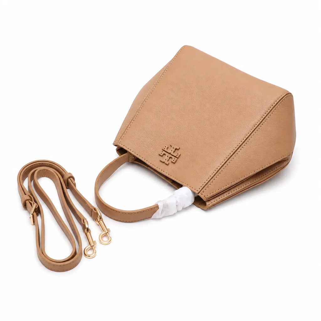 Tory Burch McGraw | Tiramisu pebbled leather handbag with detachable shoulder strap and top handle offering multiple carrying options Designer women's handbag