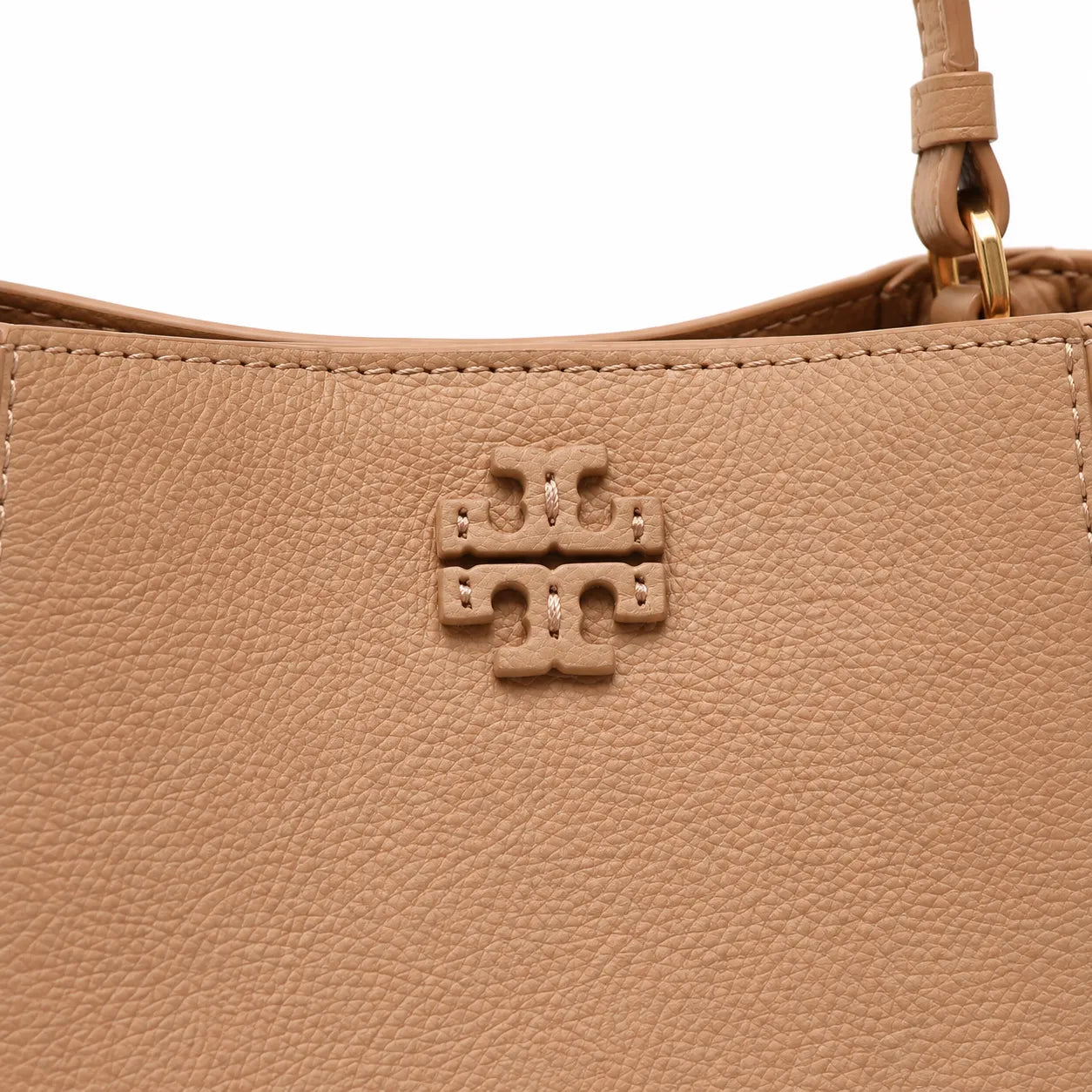 Tory Burch McGraw | Tiramisu pebbled leather handbag with detachable shoulder strap and top handle offering multiple carrying options Designer women's handbag