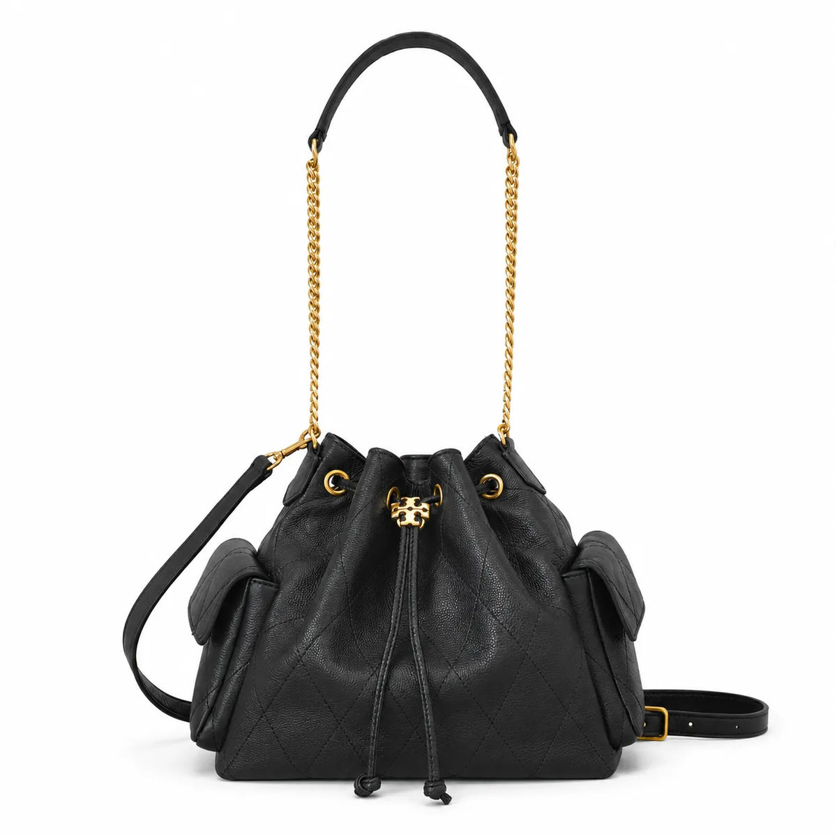 Tory Burch Charlie | Light brown supple leather, diamond stitching drawstring closure  detachable chain/leather shoulder strap multiple carrying options women's designer handbag