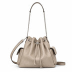 Tory Burch Charlie | Light brown supple leather, diamond stitching drawstring closure  detachable chain/leather shoulder strap multiple carrying options women's designer handbag