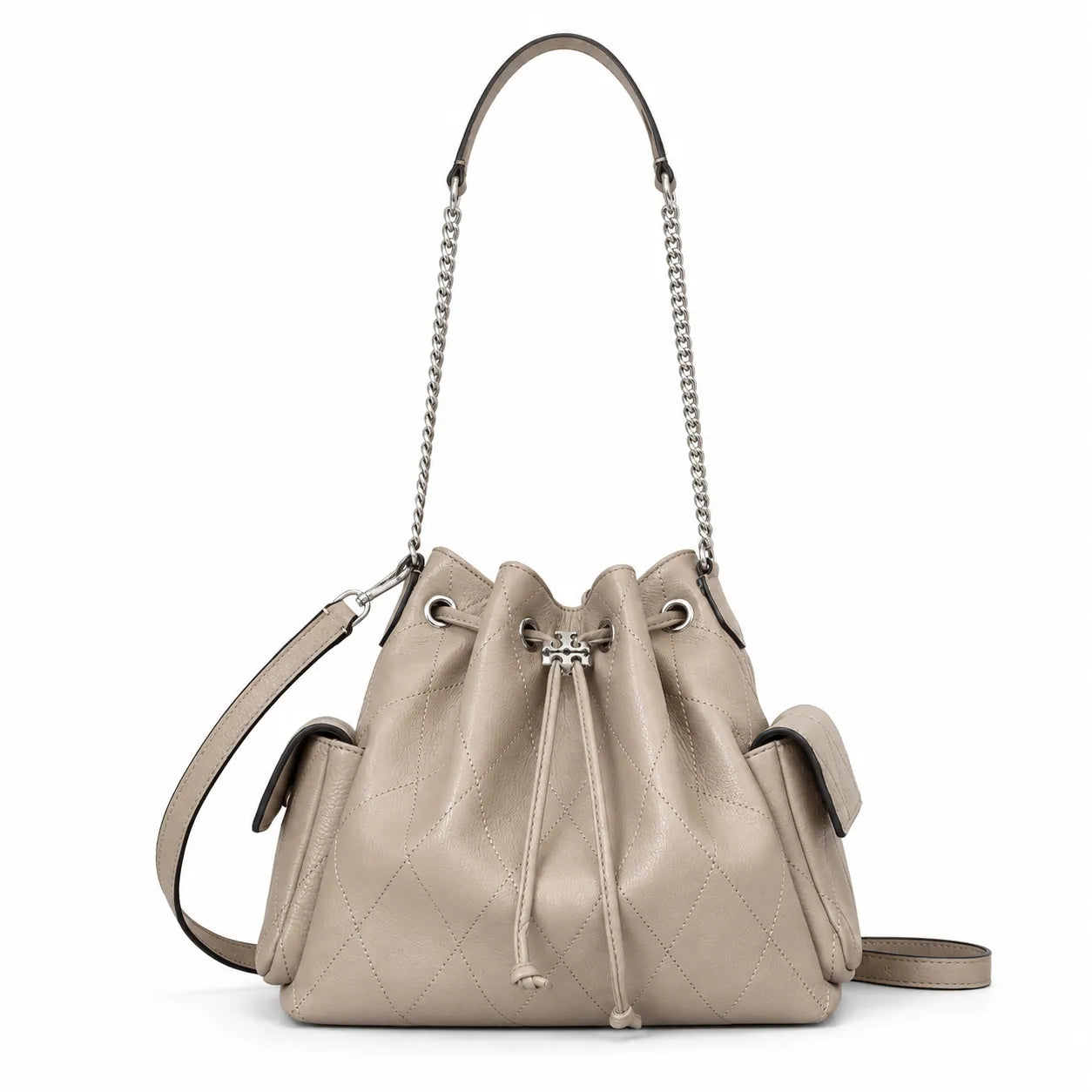 Tory Burch Charlie | Light brown supple leather, diamond stitching drawstring closure  detachable chain/leather shoulder strap multiple carrying options women's designer handbag