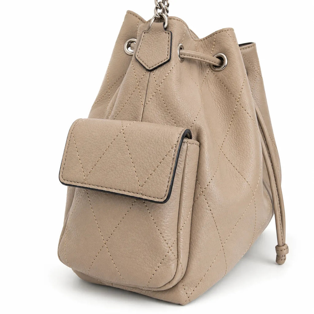 Tory Burch Charlie | Light brown supple leather, diamond stitching drawstring closure  detachable chain/leather shoulder strap multiple carrying options women's designer handbag