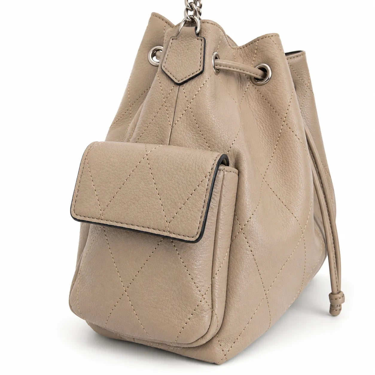 Tory Burch Charlie | Light brown supple leather, diamond stitching drawstring closure  detachable chain/leather shoulder strap multiple carrying options women's designer handbag