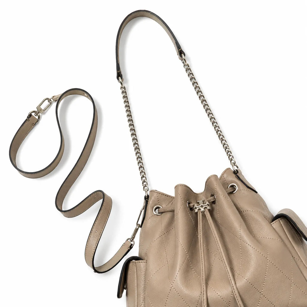 Tory Burch Charlie | Light brown supple leather, diamond stitching drawstring closure  detachable chain/leather shoulder strap multiple carrying options women's designer handbag