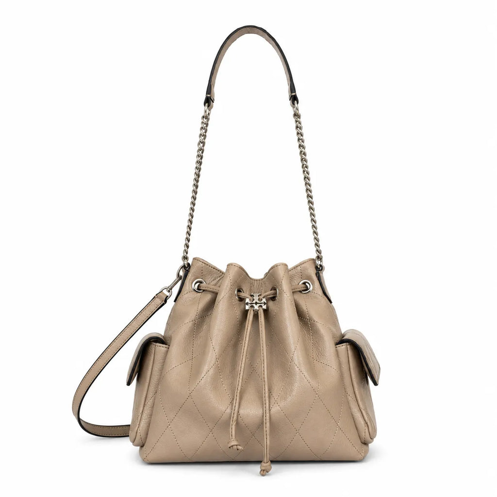 Tory Burch Charlie | Light brown supple leather, diamond stitching drawstring closure  detachable chain/leather shoulder strap multiple carrying options women's designer handbag
