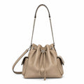 Tory Burch Charlie | Light brown supple leather, diamond stitching drawstring closure  detachable chain/leather shoulder strap multiple carrying options women's designer handbag