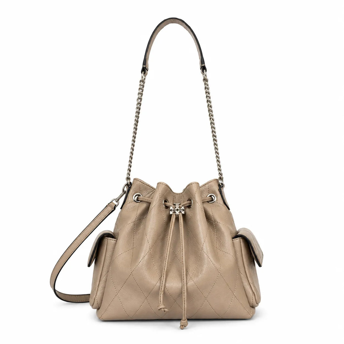 Tory Burch Charlie | Light brown supple leather, diamond stitching drawstring closure  detachable chain/leather shoulder strap multiple carrying options women's designer handbag