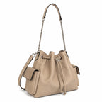 Tory Burch Charlie | Light brown supple leather, diamond stitching drawstring closure  detachable chain/leather shoulder strap multiple carrying options women's designer handbag