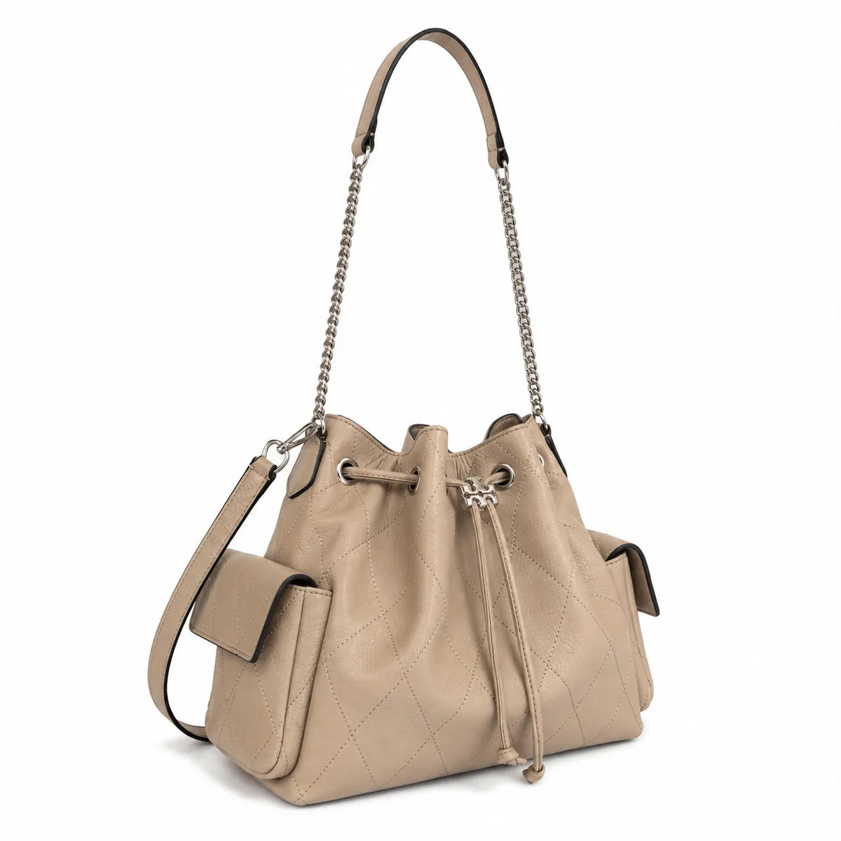 Tory Burch Charlie | Light brown supple leather, diamond stitching drawstring closure  detachable chain/leather shoulder strap multiple carrying options women's designer handbag