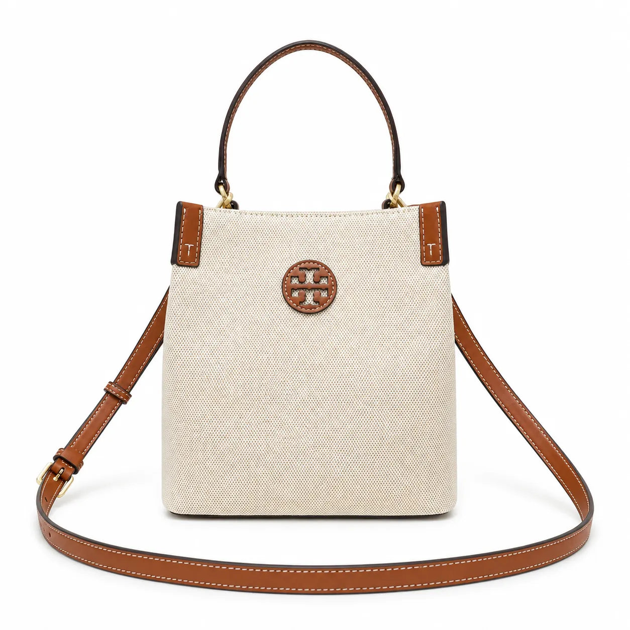 Tory Burch Blake | A women's designer handbag in beige canvas and brown leather with a detachable shoulder strap and top handle offering multiple carrying options